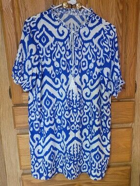 Cupshe Blue And White Shift Dress With Keyhole Ruffled Neck, Size L